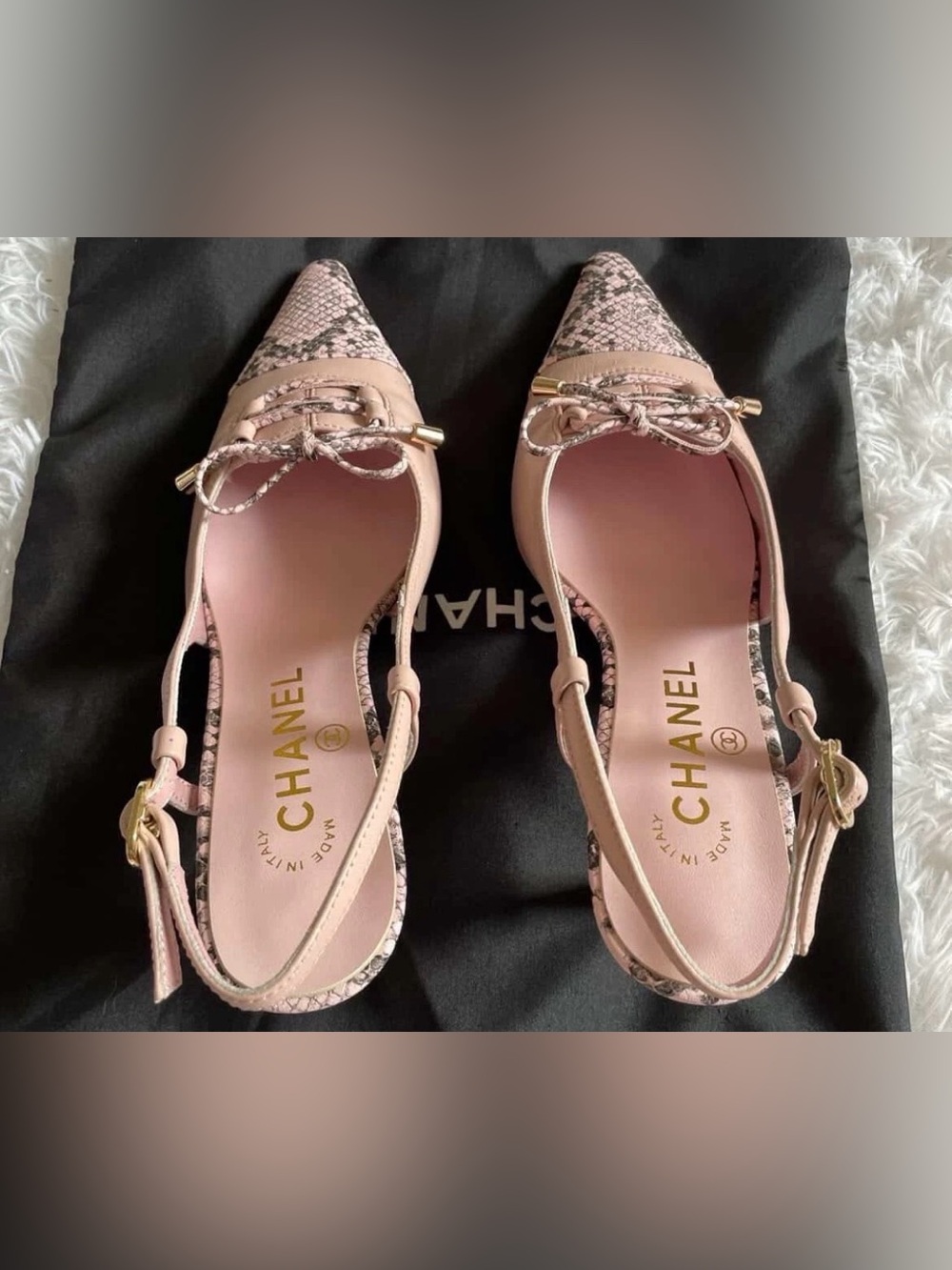 CHANEL Pink Leather & Python-Print Pointed Slingback Heels EU 37 - Picture 4 of 5